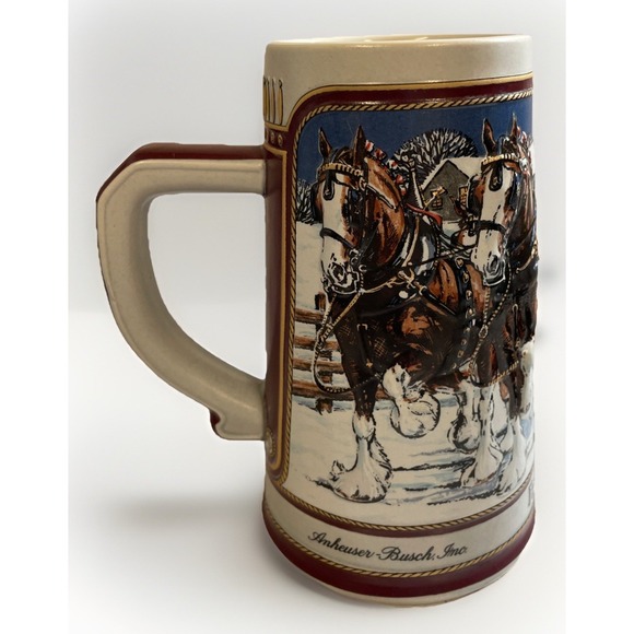 Budweiser Stein Anheuser Busch Bud 1989 Christmas Mug Hitch on a Winter Evening - Picture 3 of 6